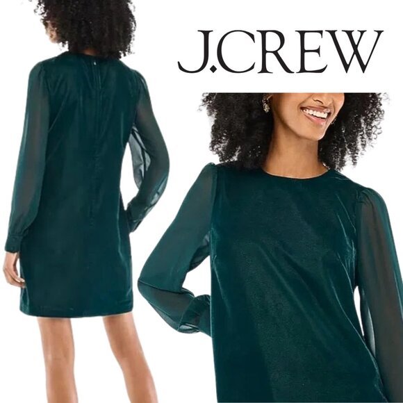 NWT, J. Crew, Velvet Sheer Long Sleeve Shift Mini Dress, Old Forest, Green - Picture 1 of 7
